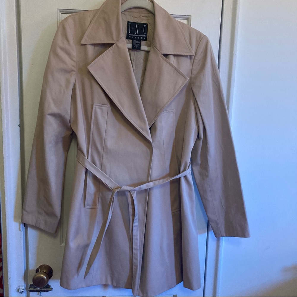 INC Women’s Trench Coat with Tie Waist Beige Tan Size M Petite